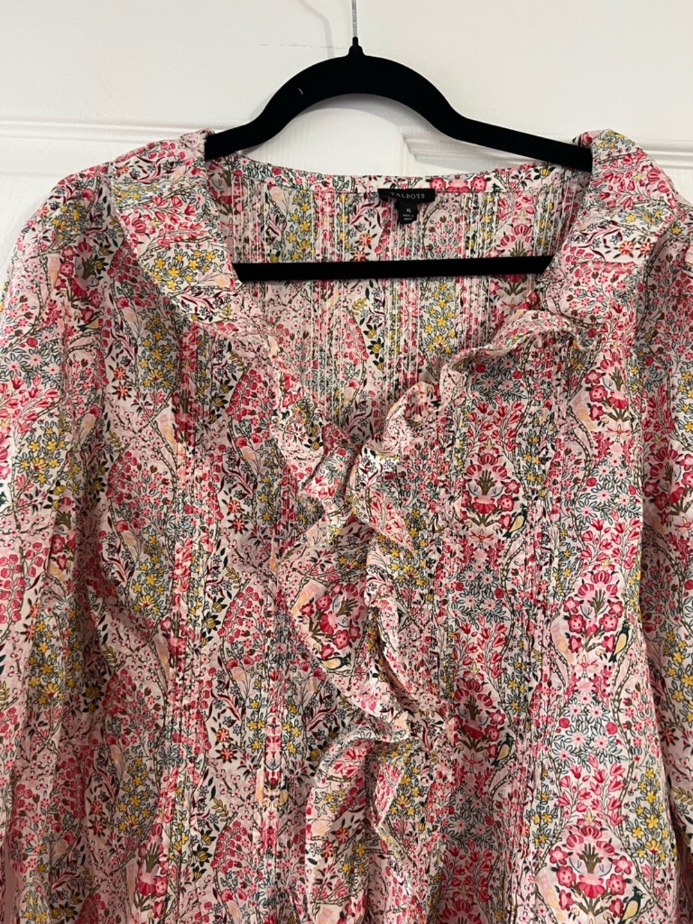 Talbots Pink Floral Ruffle-Front Blouse - Picture 3 of 5